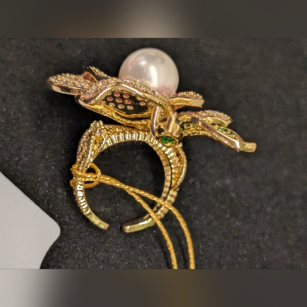 EYECANDY Gold Floral Pearl Ring with Pink and Green Crystals NWT - Picture 5 of 15